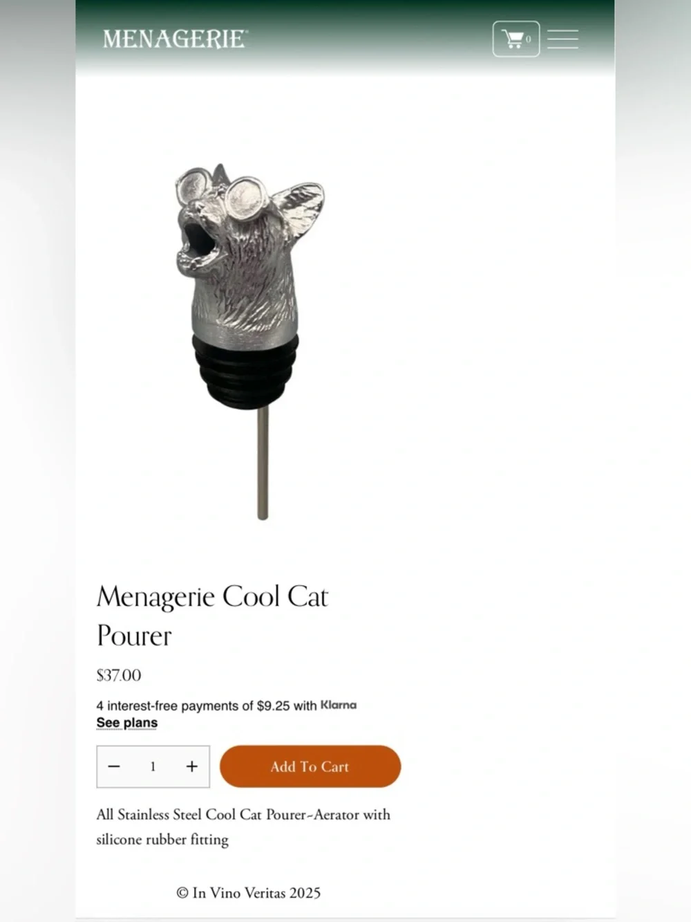 In Vino Veritas Menagerie cool cat wine pourer